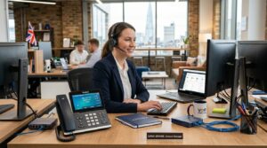 UK business team collaborating remotely using hosted VoIP communication technology