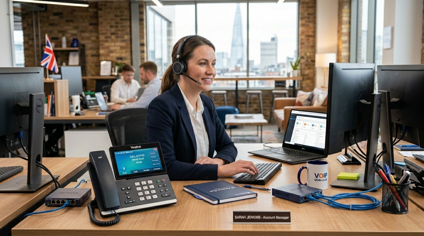 UK business team collaborating remotely using hosted VoIP communication technology